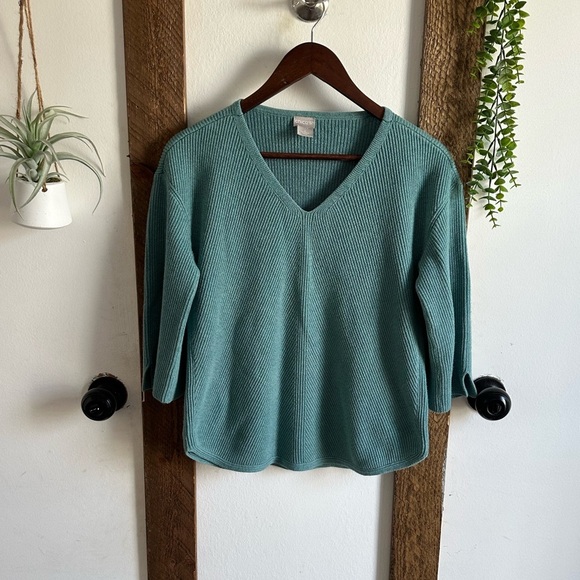 Chico's Sweater Women's Size 1 (Medium) V-Neck Ribbed 3/4 Sleeve V-Neck Teal - Picture 3 of 14
